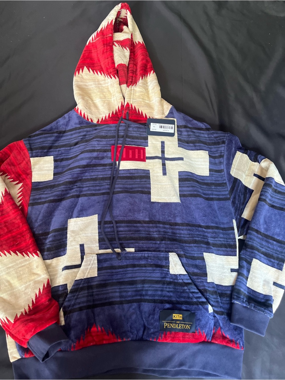 Kith Men's Navy, Red & Cream Patterned Crewneck Hoodie